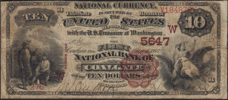 This image features an 1882 $10 Oklahoma National Banknote.