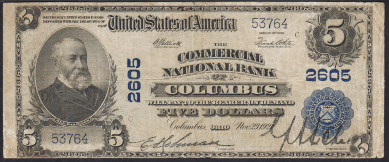 This image features an 1902 $5 Ohio National Banknote.