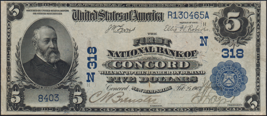 This image features an 1902 $5 New Hampshire National Banknote