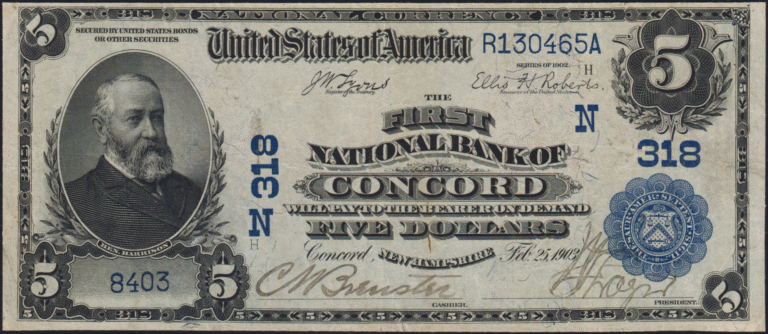 This image features an 1902 $5 New Hampshire National Banknote