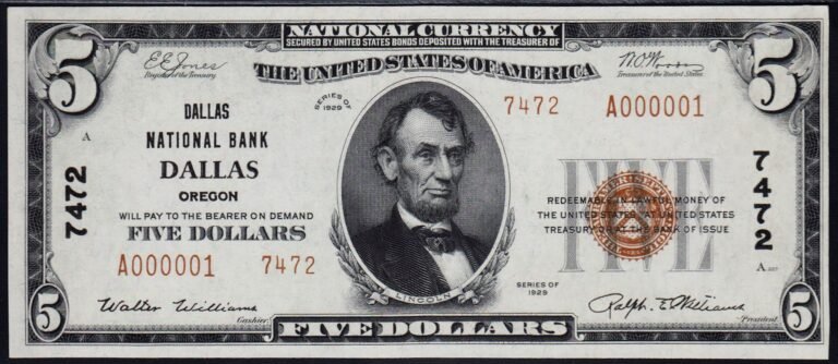 This image features an 1929 $5 Oregon National Banknote.