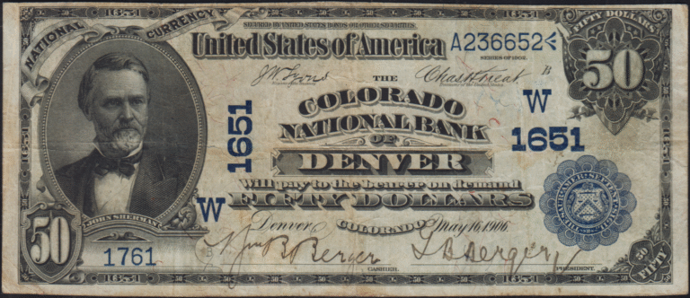 This image features an 1902 $50 Colorado National Banknote.