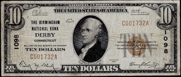 This image features an 1929 $10 Connecticut National Banknote.