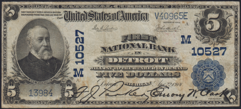 This image features an 1902 $5 Michigan National Banknote.