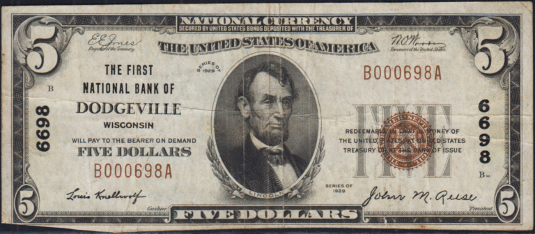 This image features an 1929 $5 Wisconsin National Banknote.
