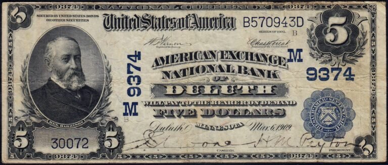 This image features an 1902 $5 Minnesota National Banknote.