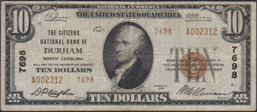 This image features an 1929 $10 North Carolina National Banknote.