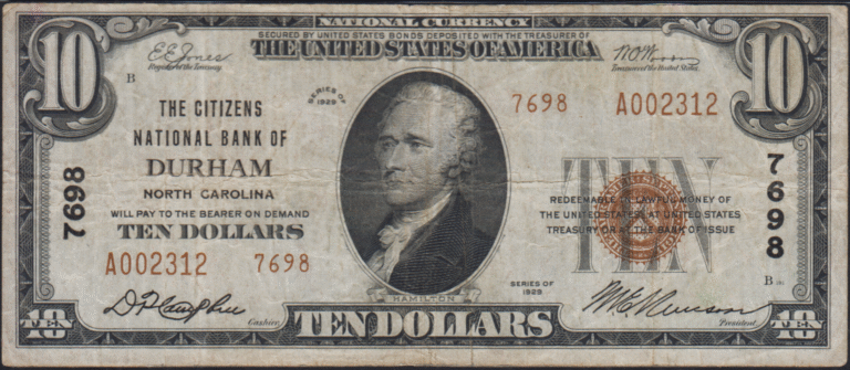 This image features an 1929 $10 North Carolina National Banknote.