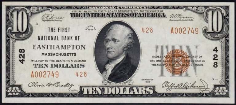 This image features an 1929 $10 Massachusetts National Banknote.