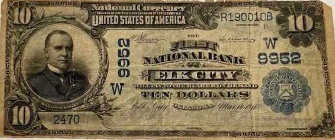 This image features an 1902 $10 Oklahoma National Banknote.