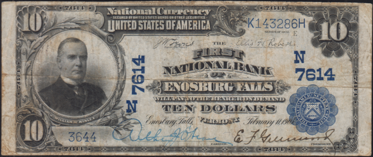 This image features an 1902 $10 Vermont National Banknote.