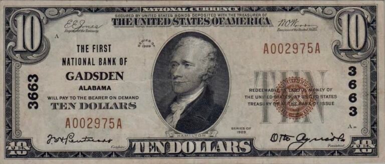 This image features an 1929 $10 Alabama National Banknote.