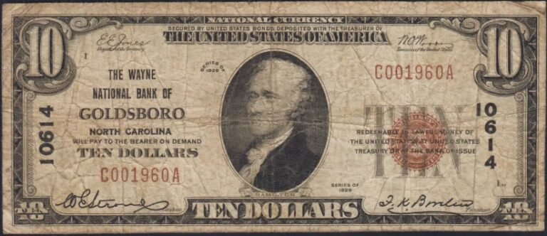 This image features an 1929 $10 North Carolina National Banknote.