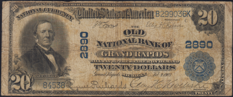 This image features an 1902 $20 Michigan National Banknote.