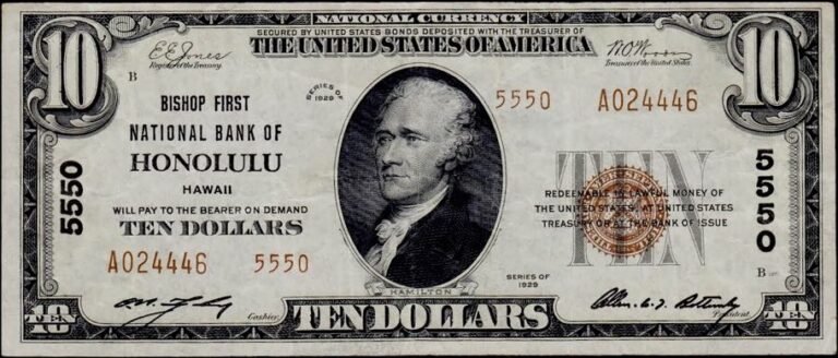 This image features an 1929 $10 Hawaii National Banknote.