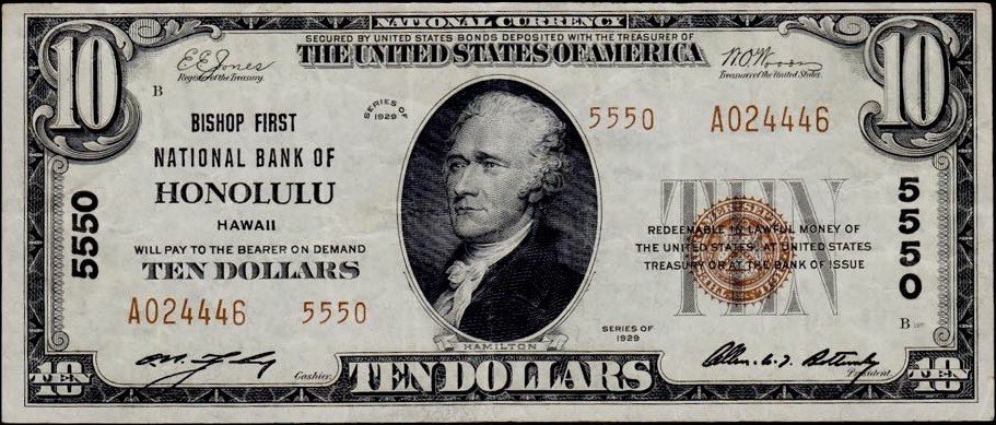 This image features an 1929 $10 Hawaii National Banknote.