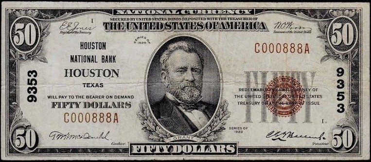 This image features an 1929 $50 Texas National Banknote.