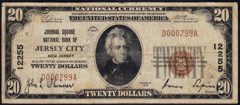 This image features an 1929 $20 New Jersey National Banknote.