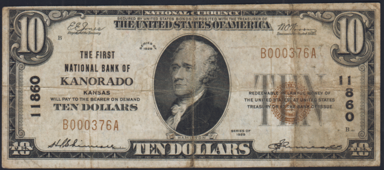 This image features an 1929 $10 Kansas National Banknote.