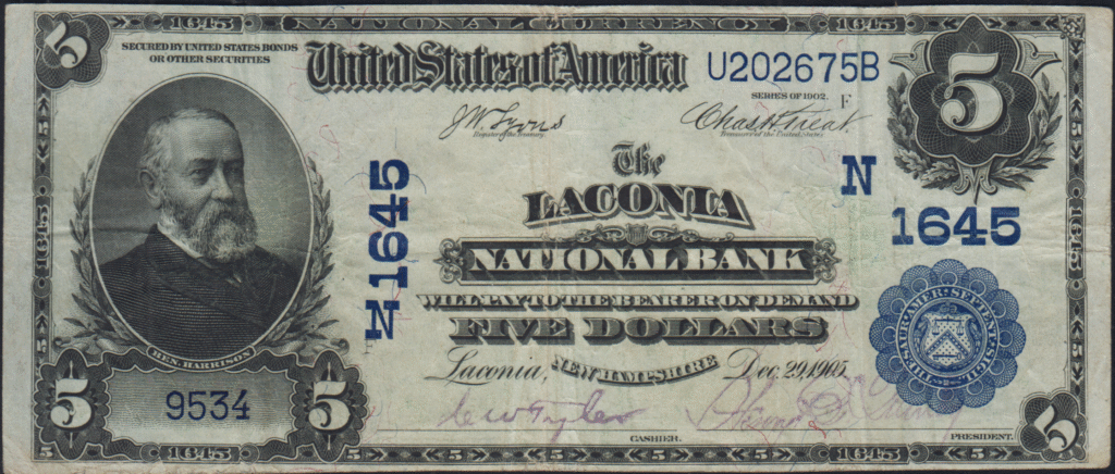 This image features an 1902 $5 New Hampshire National Banknote