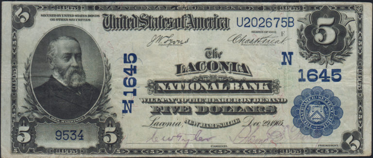 This image features an 1902 $5 New Hampshire National Banknote