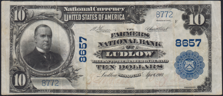 This image features an 1902 $10 Missouri National Banknote.
