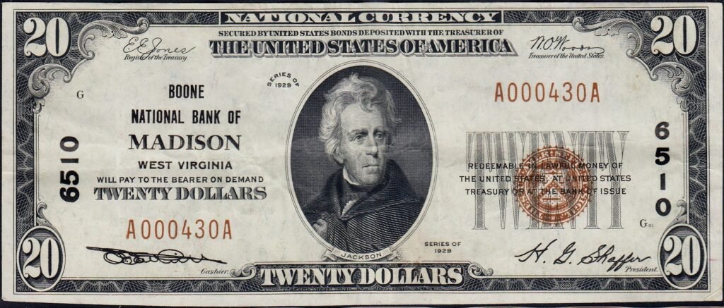This image features an 1929 $20 West Virginia National Banknote.