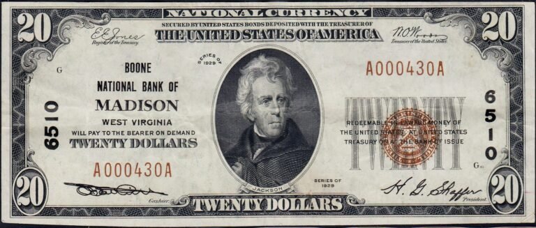 This image features an 1929 $20 West Virginia National Banknote.