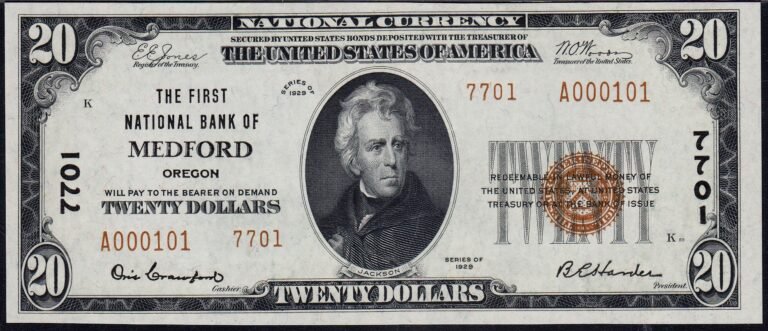 This image features an 1929 $20 Oregon National Banknote.