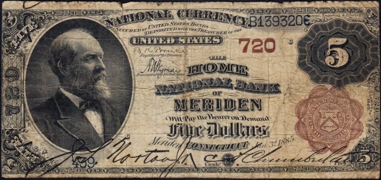 This image features an 1882 $5 Connecticut National Banknote.