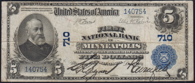 This image features an 1902 $5 Minnesota National Banknote.
