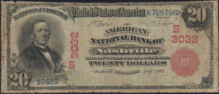 This image features an 1902 $20 Tennessee National Banknote.