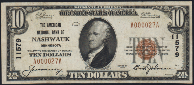 This image features an 1929 $10 Minnesota National Banknote.