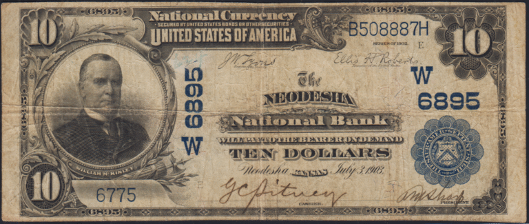 This image features an 1902 $10 Kansas National Banknote.
