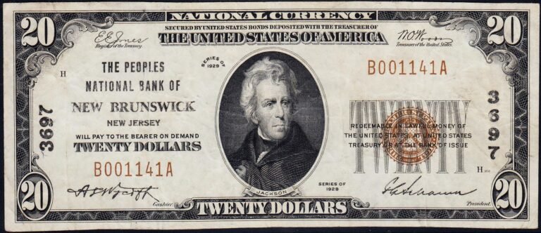 This image features an 1929 $20 New Jersey National Banknote.