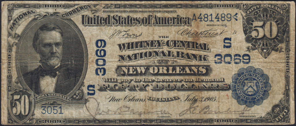 This image features an 1902 $50 Louisiana National Banknote.