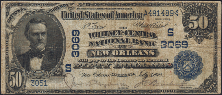 This image features an 1902 $50 Louisiana National Banknote.