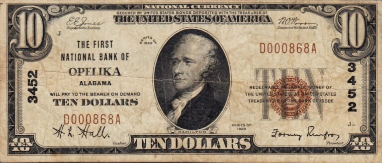 This image features an 1929 $10 Alabama National Banknote.