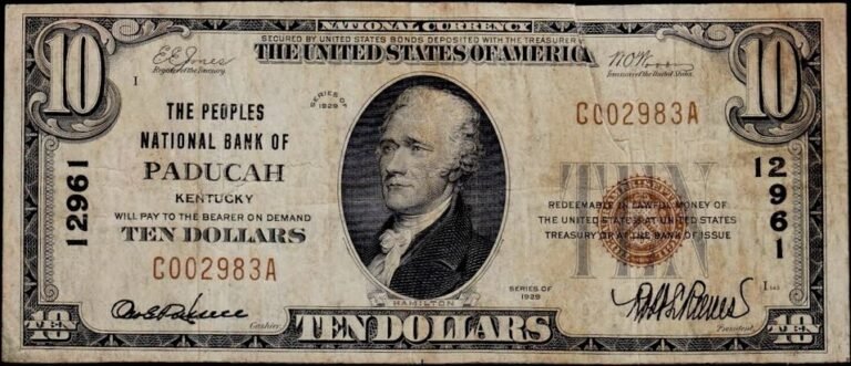 This image features an 1929 $10 Kentucky National Banknote.