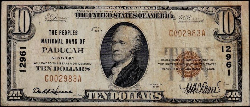 This image features an 1929 $10 Kentucky National Banknote.