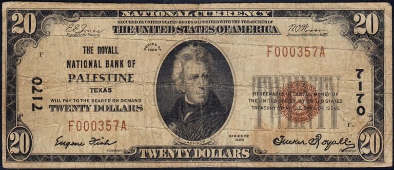This image features an 1929 $20 Texas National Banknote.