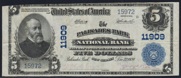 This image features an 1902 $5 New Jersey National Banknote.
