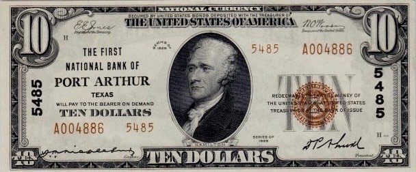This image features an 1929 $10 Texas National Banknote.