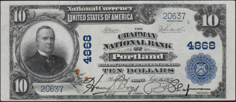 This image features an 1902 $10 Maine National Banknote.