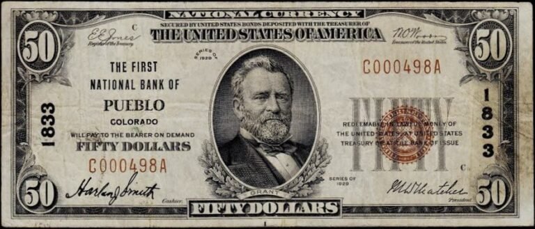 This image features an 1929 $50 Colorado National Banknote.