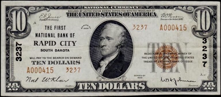 This image features an 1929 $10 South Dakota National Banknote.