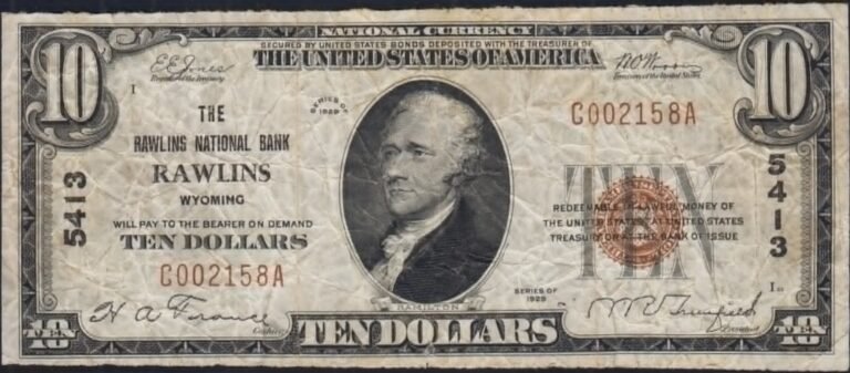 This image features an 1929 $10 Wyoming National Banknote.