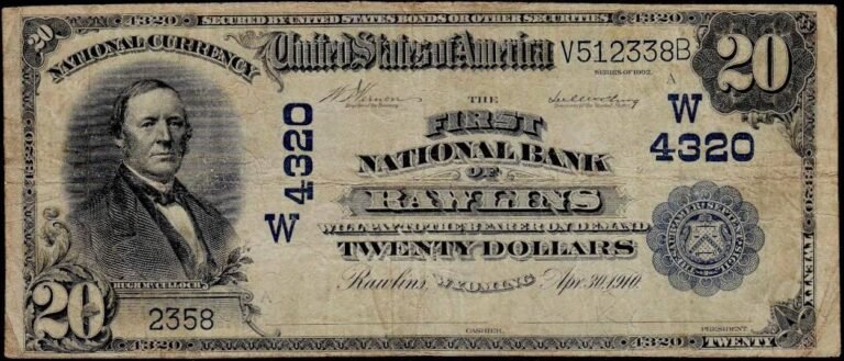 This image features an 1902 $20 Wyoming National Banknote.