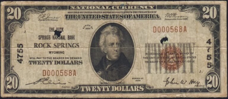This image features an 1929 $20 Wyoming National Banknote.