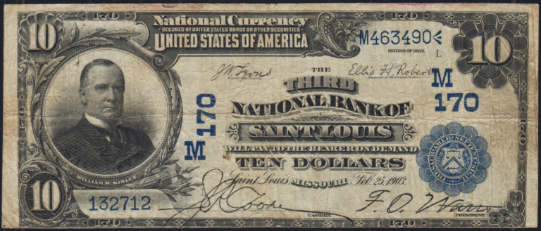 This image features an 1902 $10 Missouri National Banknote.